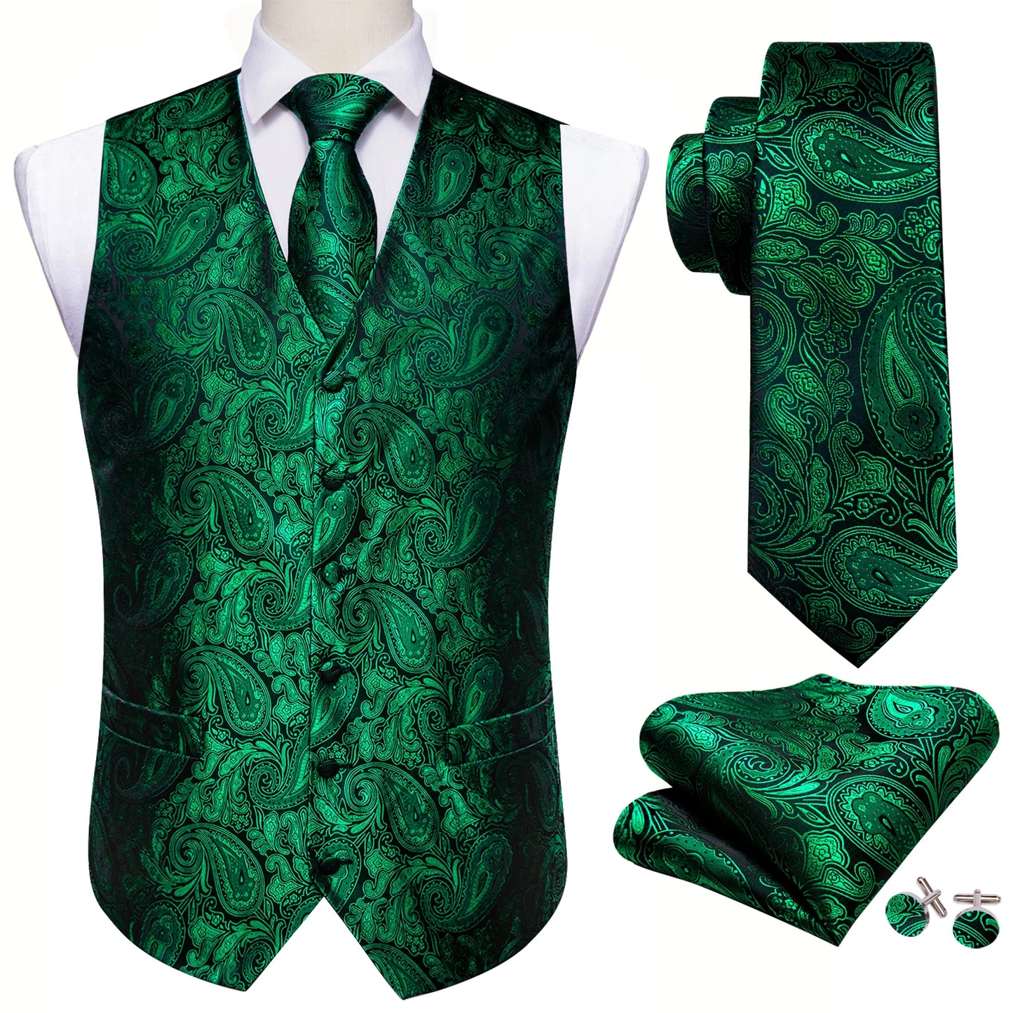 Gilet pour homme vert Paisley Floral slim — sans manches, formel, cravate, pochette assortie