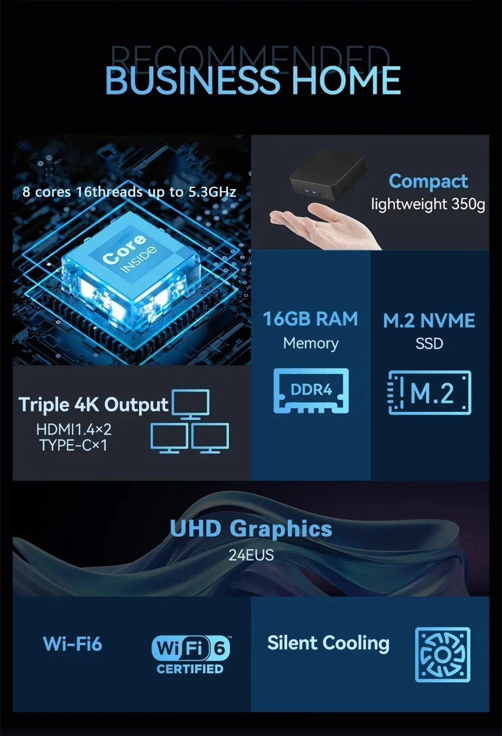 Mini PC Gaming Intel Core i9-10980HK / i3-6100U Windows 11 — 16/32 Go RAM, SSD 256Goà 2To, WiFi 6, 4K