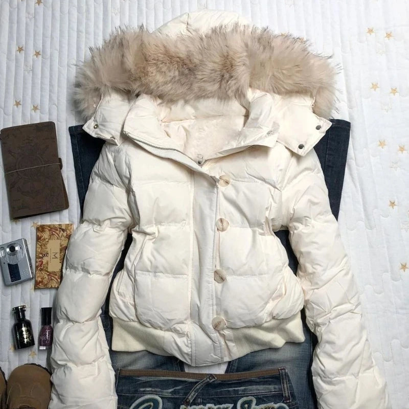 Abrigo de algodón con capucha de mujer de color sólido cálido con cuello de piel retro americano Ins invierno suelto casual delgado abrigo de algodón chaquetas