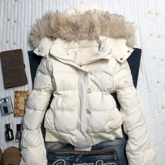 Américain rétro col de fourrure chaud couleur unie femmes à capuche coton manteau ins hiver ample décontracté mince coton manteau vestes