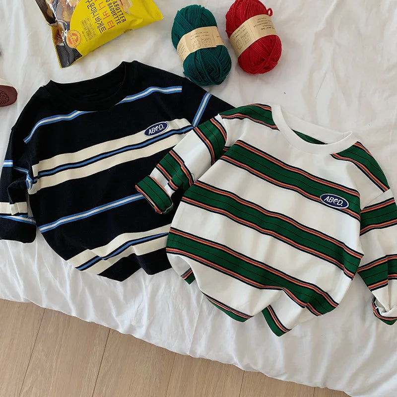2025 automne enfants vêtements filles manches longues chemises à bascule Cool garçons rayure coton T-shirt adolescent ample décontracté 2-7y enfants haut