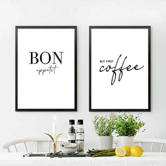 Decoración artística de pared de cocina, pero el primer cartel de café, estampado de "Bon Appétit", pintura en lienzo de arte mural en blanco y negro para comedor, decoración del hogar
