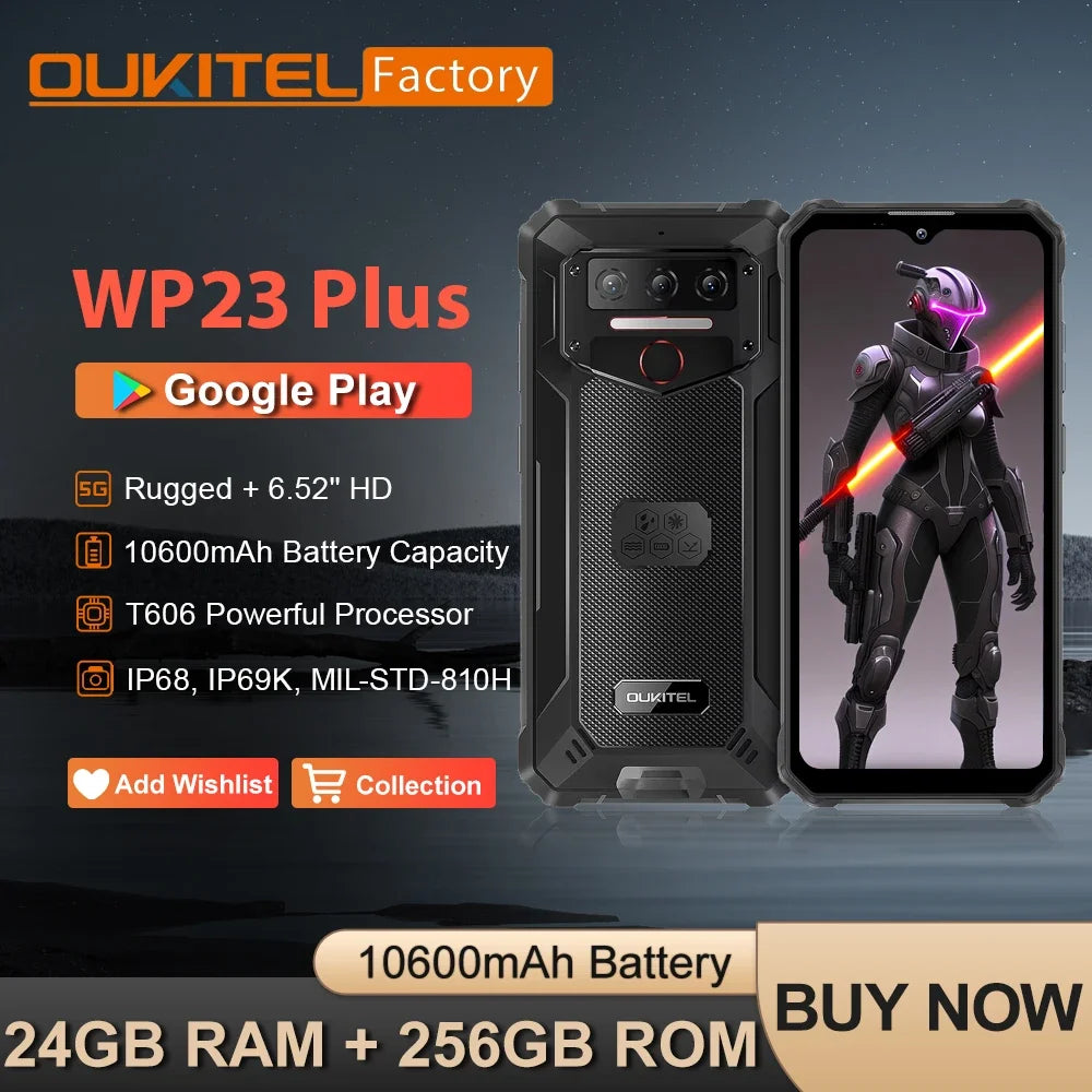 Téléphone robuste 6,52 pouces — octocœur, 8 Go RAM, 256 Go, 10 600 mAh, caméra 13 MP, Android 14, NFC