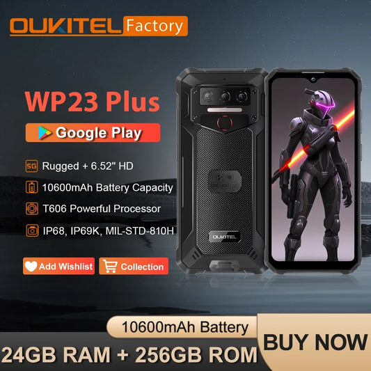 OUKITEL WP23 Plus Rugged Smartphone, Unisoc T606 Octa-Core Processor, 6.52 Inch Screen, 8GB RAM + 256GB Storage, 10600mAh Battery, 13MP Camera, Android 14, NFC.