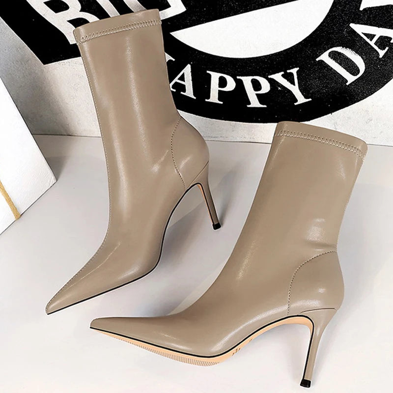 BIGTREE Women's High Heel Leather Boots, Short Ankle Boots, Rinse Shoes, Autumn and Winter