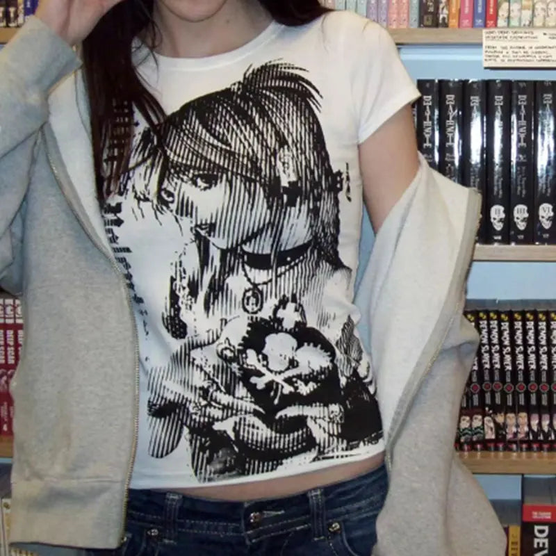 Y2K Anime Streetwear Round Neck 90s Text Print Tops Women Harajuku Clothing Simple Vintage Aesthetic Emo Casual Style T-shirt