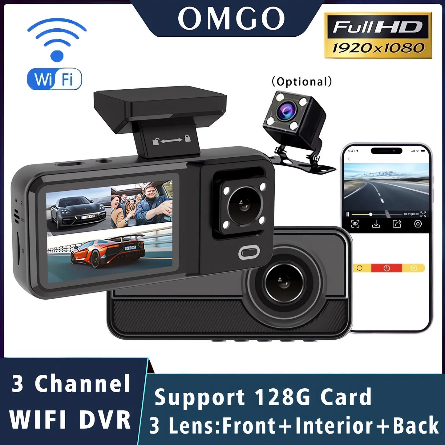 Dashcam 3 Canaux WiFi HD 1080P — Cabine Véhicule DVR Triple Voie Enregistreur