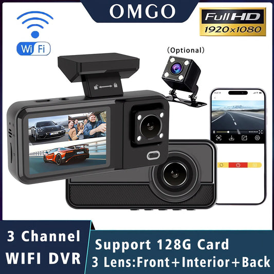 Dashcam 3 Canaux WiFi HD 1080P — Cabine Véhicule DVR Triple Voie Enregistreur