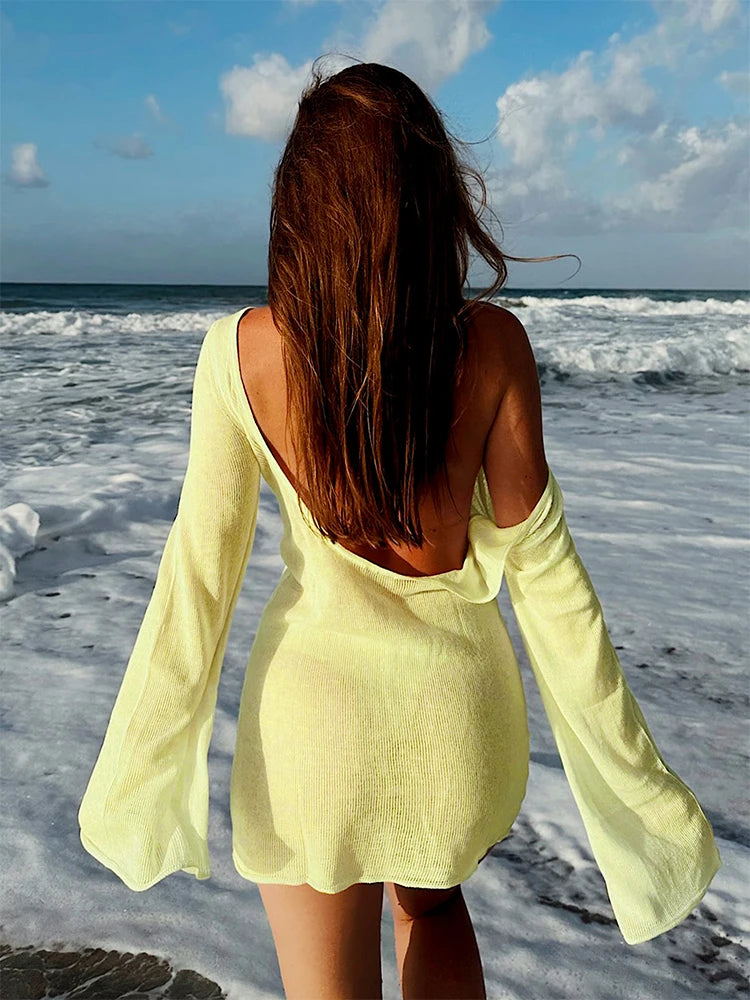 Robe de plage en tricot transparent pour femmes, dos nu, manches cloche, couleur unie, coverups de bain, élégante, col rond, mini, été, 2025, K98