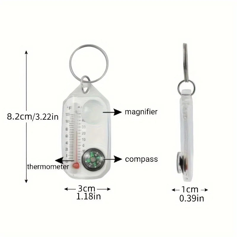 Porte-clés 3 en 1 avec boussole, thermomètre portable, loupe, outils de survie, essentiels pour le camping