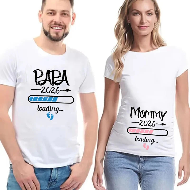 2026 nouveau mignon papa + maman + bébé imprimé Couple maternité T-Shirt annonce de grossesse chemise Couple enceinte T-Shirt vêtements