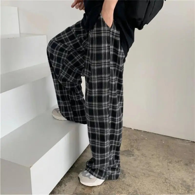 Women's Oversized Trousers Fashion Summer Black Plaid Sweatpants Casual Elastic Waist Pockets Casual Student Unisex Trousers