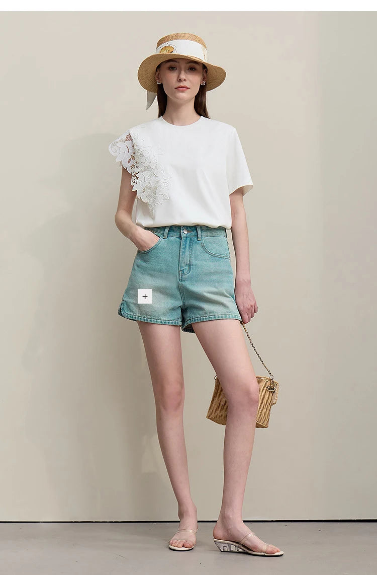 T-shirt femme 2026 été — col rond, coton, anti-transpiration, dentelle asymétrique, ample, manches courtes