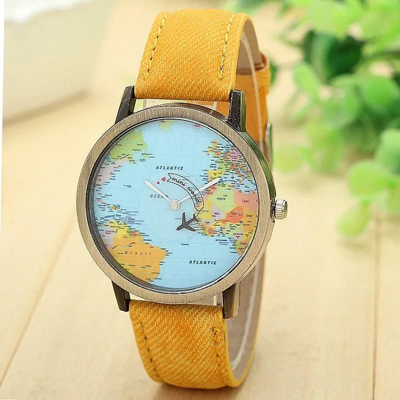 2022 moda mundial mapa del mundo avión mezclilla tela banda casual hombres mujeres relojes de cuarzo reloj regalo Horloges Relógio