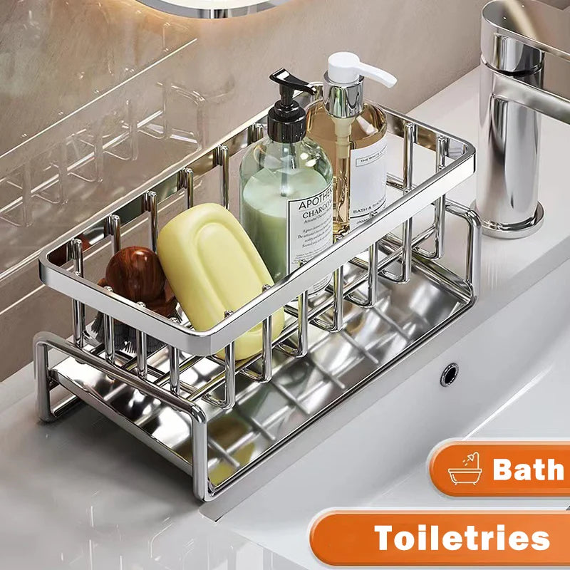 Soporte de almacenamiento para herramientas de limpieza de fregaderos, escurridor multifuncional de acero inoxidable para cocina, organizador de limpiador de esponjas, colgador de trapos