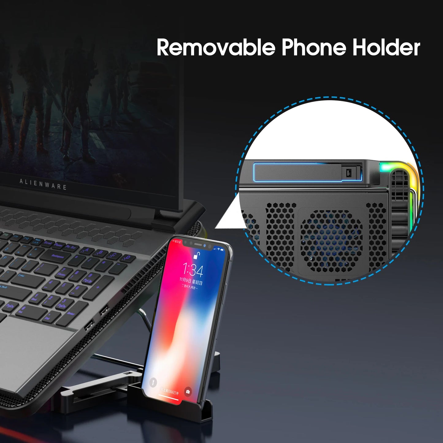 Coolcold 15.6-17.3 pouces coussin de refroidissement pour ordinateur portable avec 6 ventilateurs silencieux, 7 hauteurs vitesse du vent réglable, ordinateur portable Cooer avec support pour téléphone portable