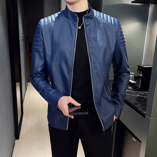 Men's PU Leather Motorcycle Jacket, Stand-up Collar, Casual Windbreaker, ChimMens Apparel, Black, Blue, Winter, 2024