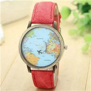 2022 moda mundial mapa del mundo avión mezclilla tela banda casual hombres mujeres relojes de cuarzo reloj regalo Horloges Relógio