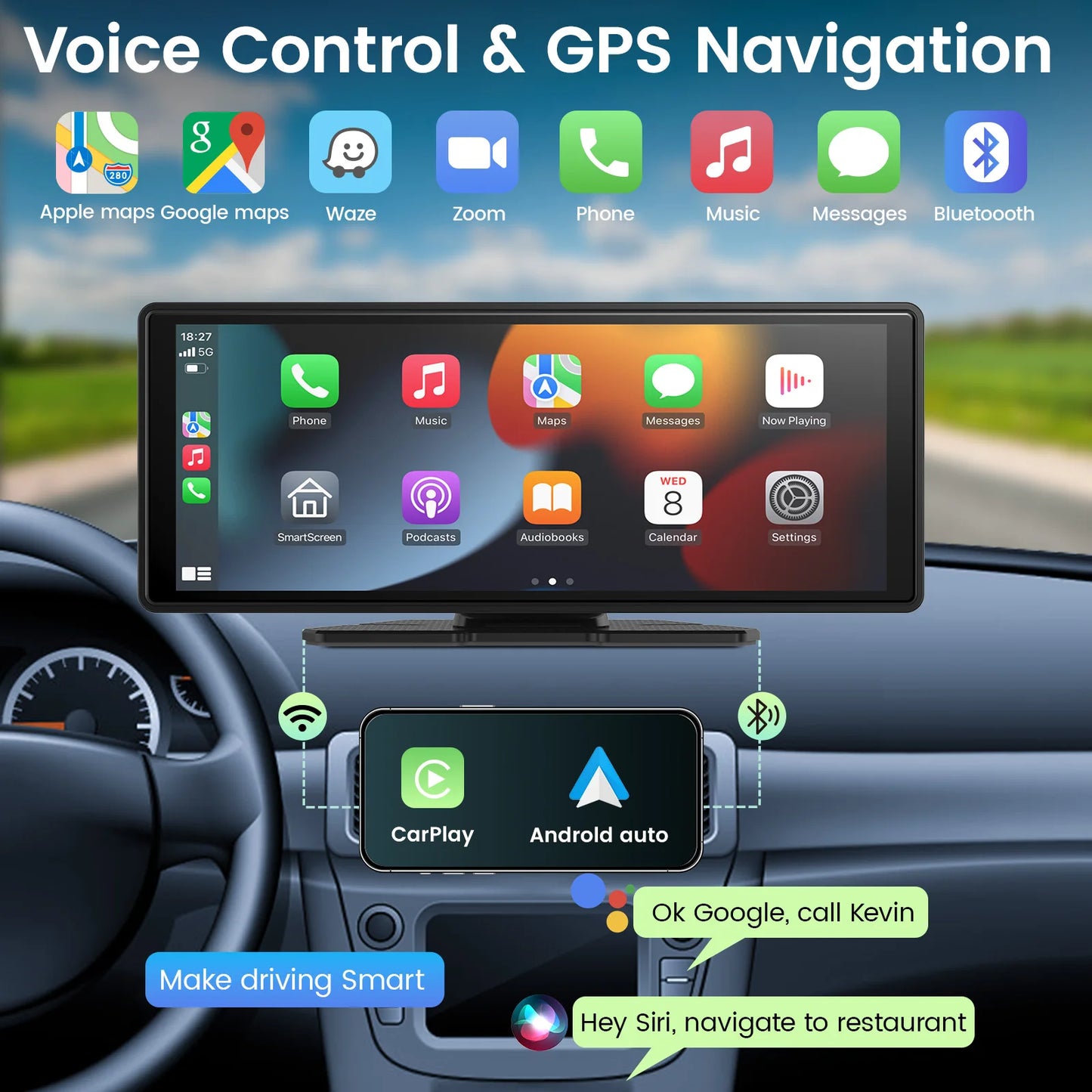 Pantalla Carplay para coche, Carplay inalámbrico portátil de 10" y Android Auto, receptores de audio estéreo para coche con enlace espejo y navegación GPS