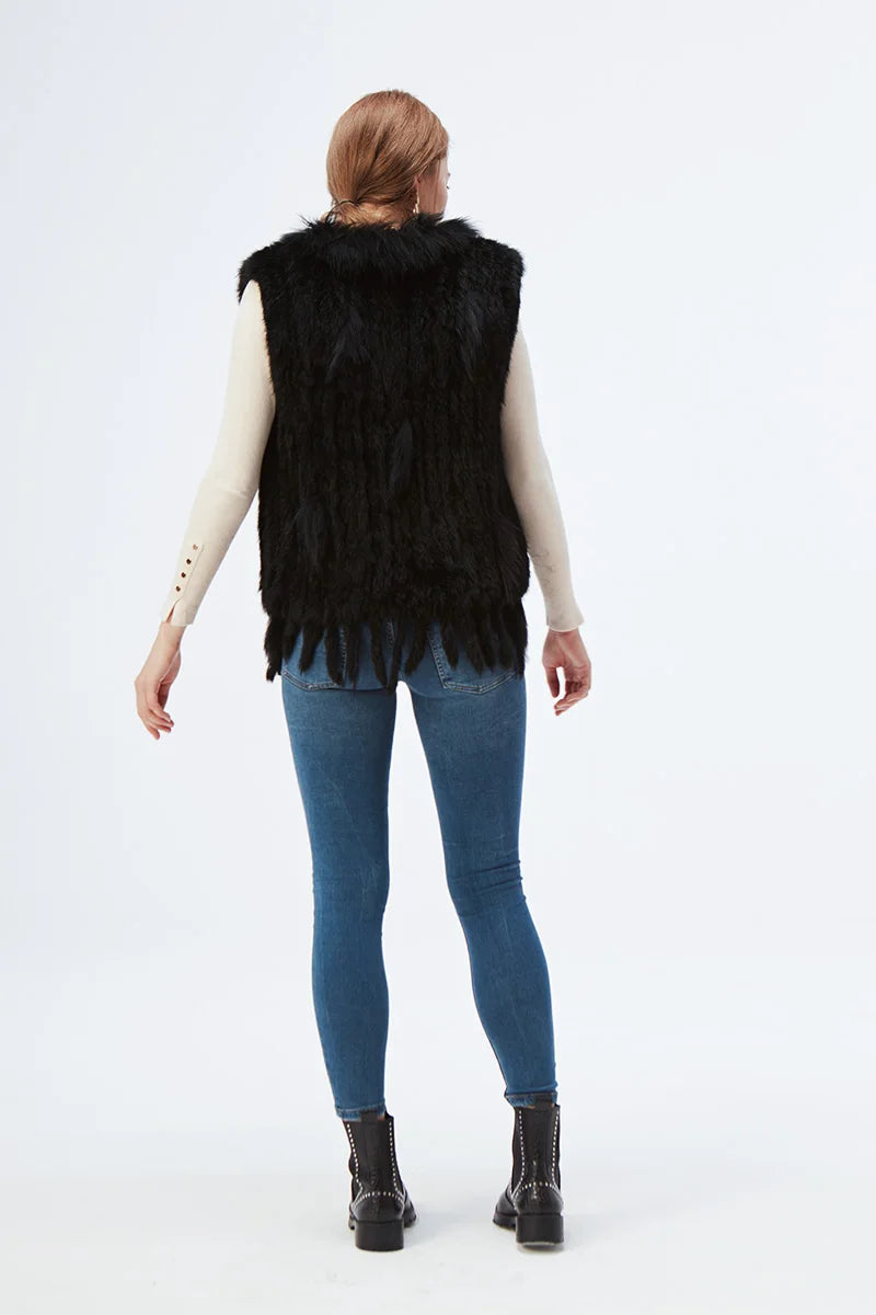 Gilet à glands en véritable fourrure de lapin tricoté — vintage, garniture fourrure raton laveur