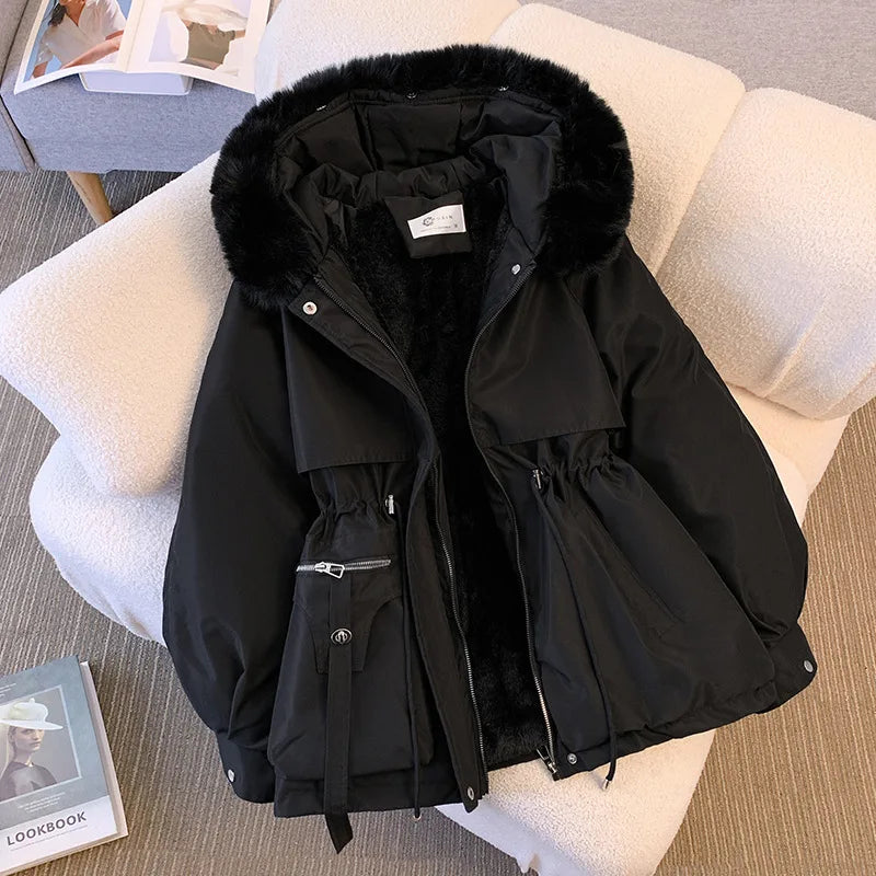 Veste d'hiver à capuche doublée polaire pour femme, manteau chaud rembourré avec cordon de serrage, Parkas coréen décontracté, Streetwear, vêtements d'extérieur bouffants