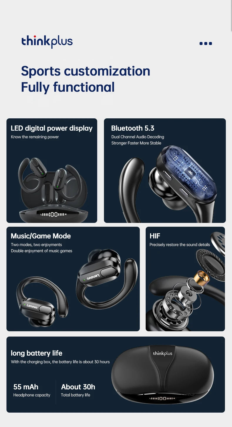 Lenovo XT80 – Auriculares deportivos inalámbricos, con micrófonos, control de botón, pantalla de alimentación LED, sonido estéreo de alta fidelidad, auriculares con traductor de IA