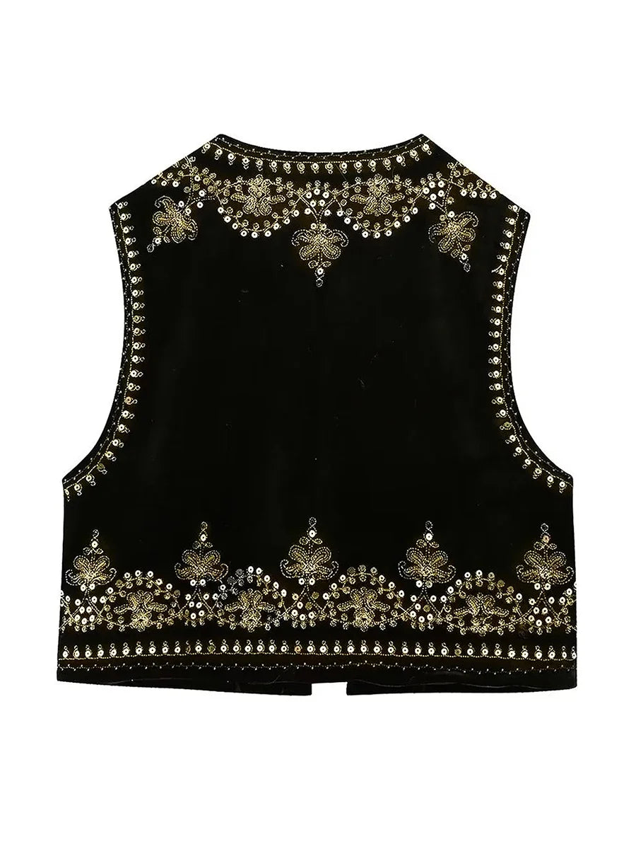 Gilet brodé noir Vintage à motif Floral pour femmes, sans manches, ouvert sur le devant, court polyvalent, vêtements d'extérieur y2k, Cardigan Boho court