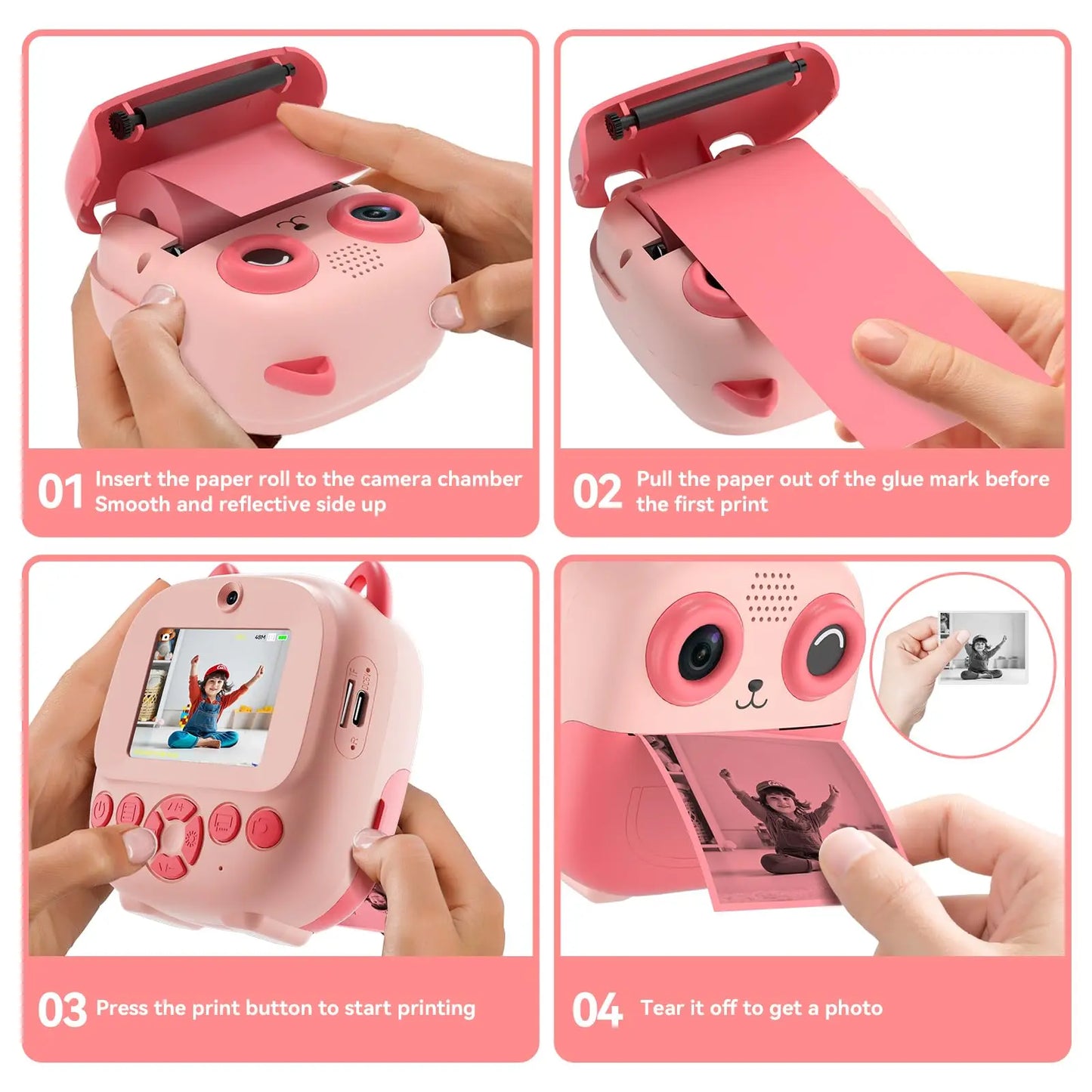 Caméra à impression instantanée, appareil photo multifonctionnel pour tout-petits avec impression de photos instantanée, appareil photo numérique à écran HD de 2,4 pouces pour Photo