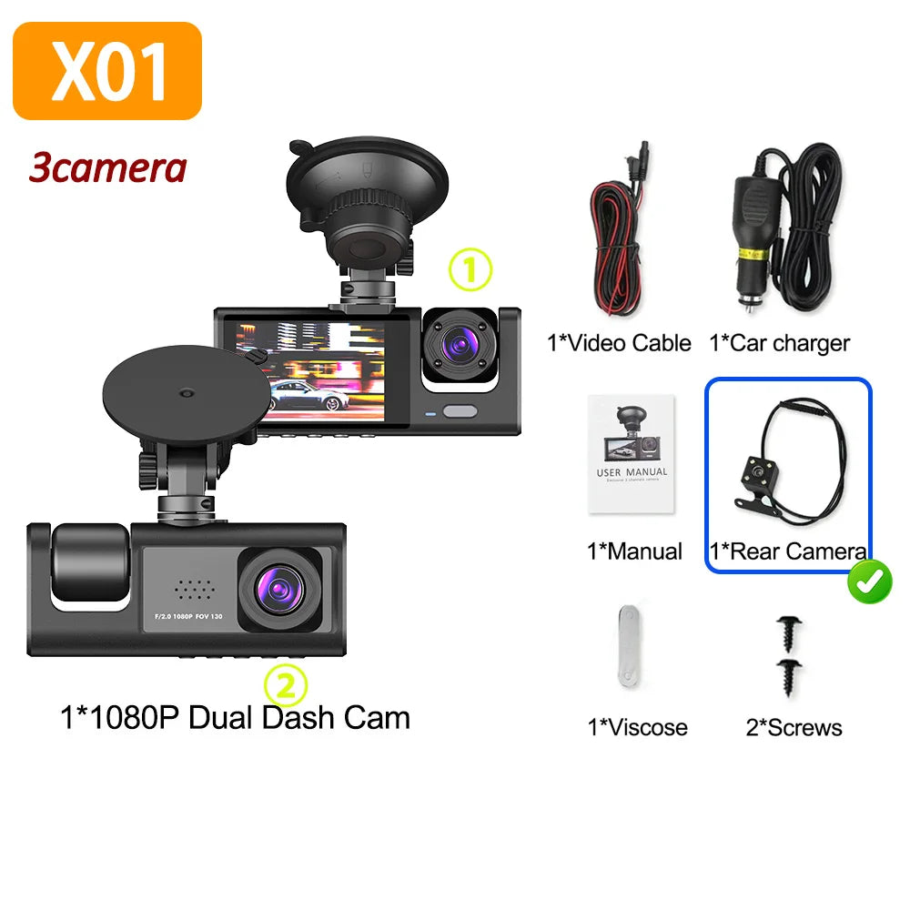 Dashcam 1080P 2/3 Caméras — Vision Nocturne Avant Arrière Enregistreur Véhicule