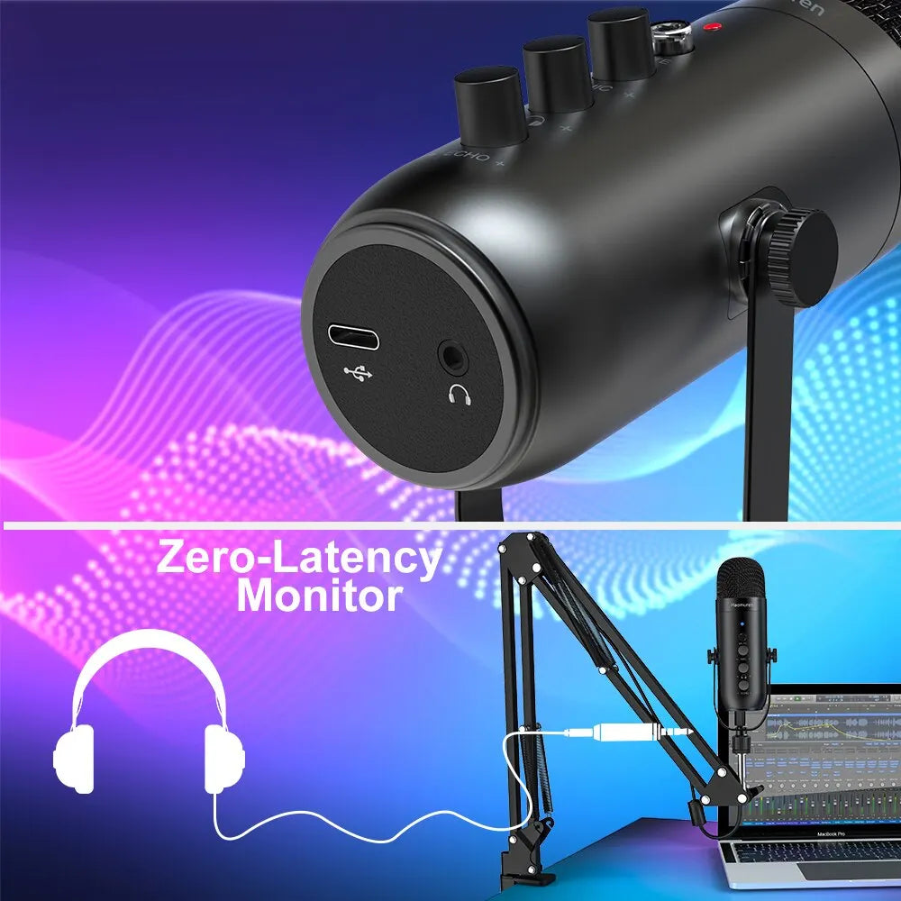 Haomuren – Kit microphone studio USB cardioïde avec bras HON pour enregistrement et podcast