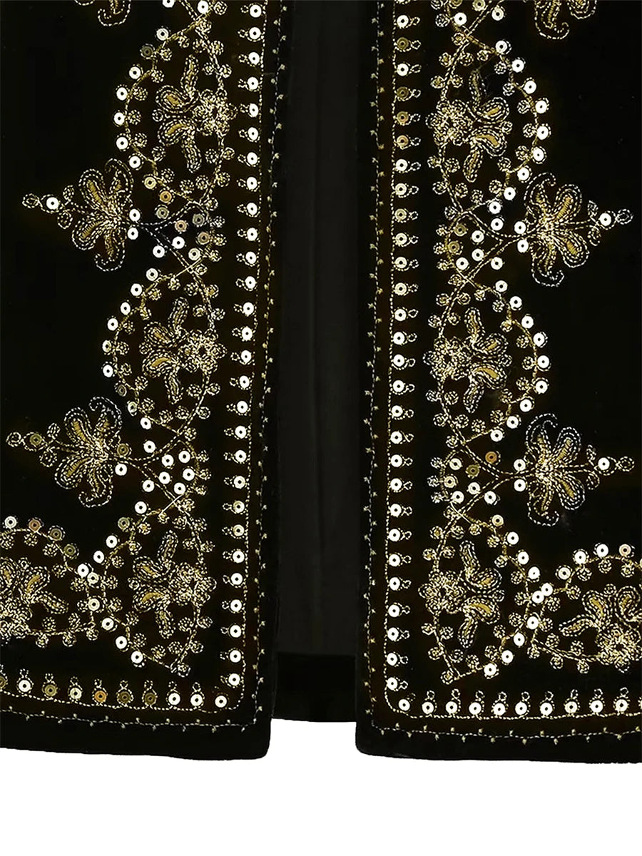Gilet brodé noir Vintage à motif Floral pour femmes, sans manches, ouvert sur le devant, court polyvalent, vêtements d'extérieur y2k, Cardigan Boho court