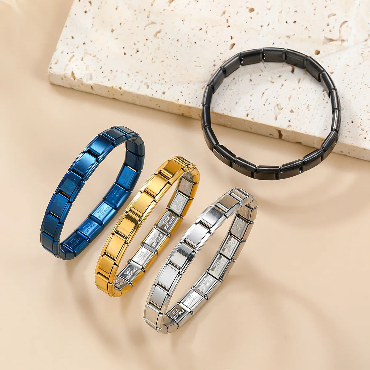 Stainless Steel Square Bracelets for Women and Men, Italian HipHop Metal Stretch Modules, Gift, Birthday Party Jewelry, Trendy