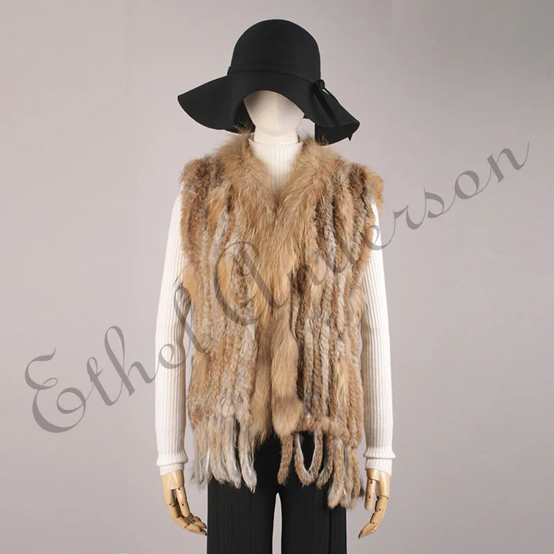 Gilet à glands en véritable fourrure de lapin tricoté — vintage, garniture fourrure raton laveur