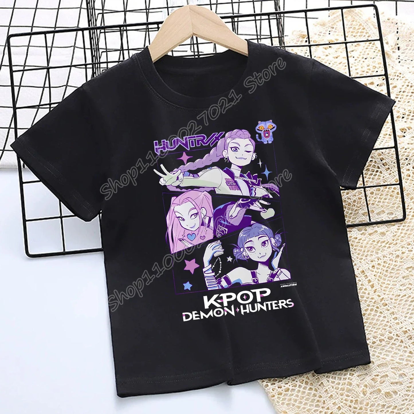 Camiseta de K-Pop Demon Hunters para niños, camiseta negra de dibujos animados para niñas, cuello redondo, ropa de manga corta