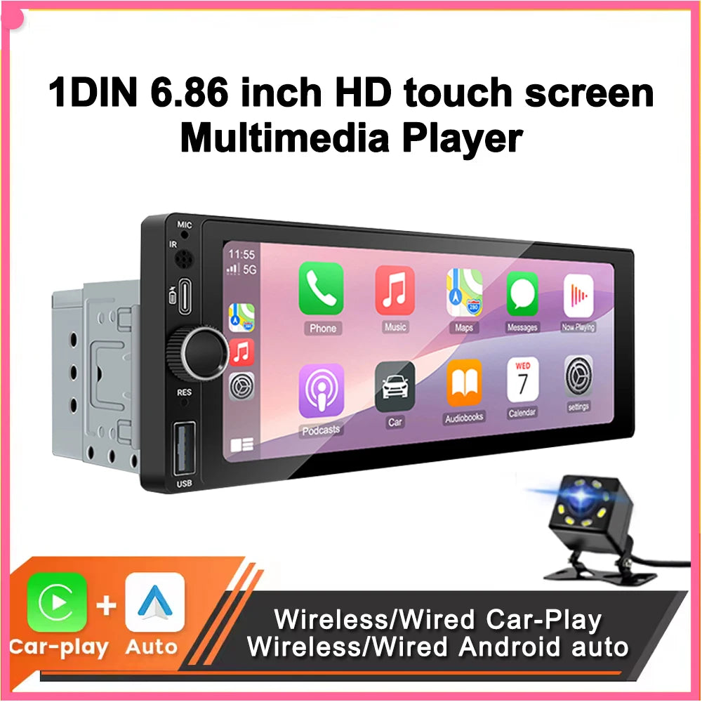 1DIN 6.86 inch Universal MP5 Car Radio Support Wireless Carplay Android AUTO AUX USB BT Touch Screen Multimedia Video Player