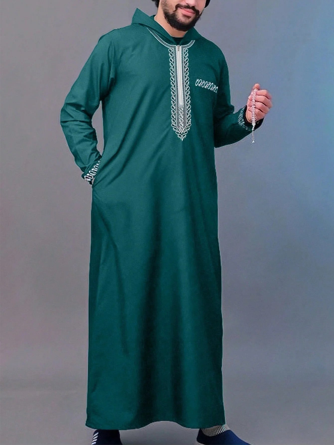 Thobe pour hommes marocain, manches longues style ethnique brodé col montant conception de fermeture éclair hommes musulmans à la mode Abaya fest arabe