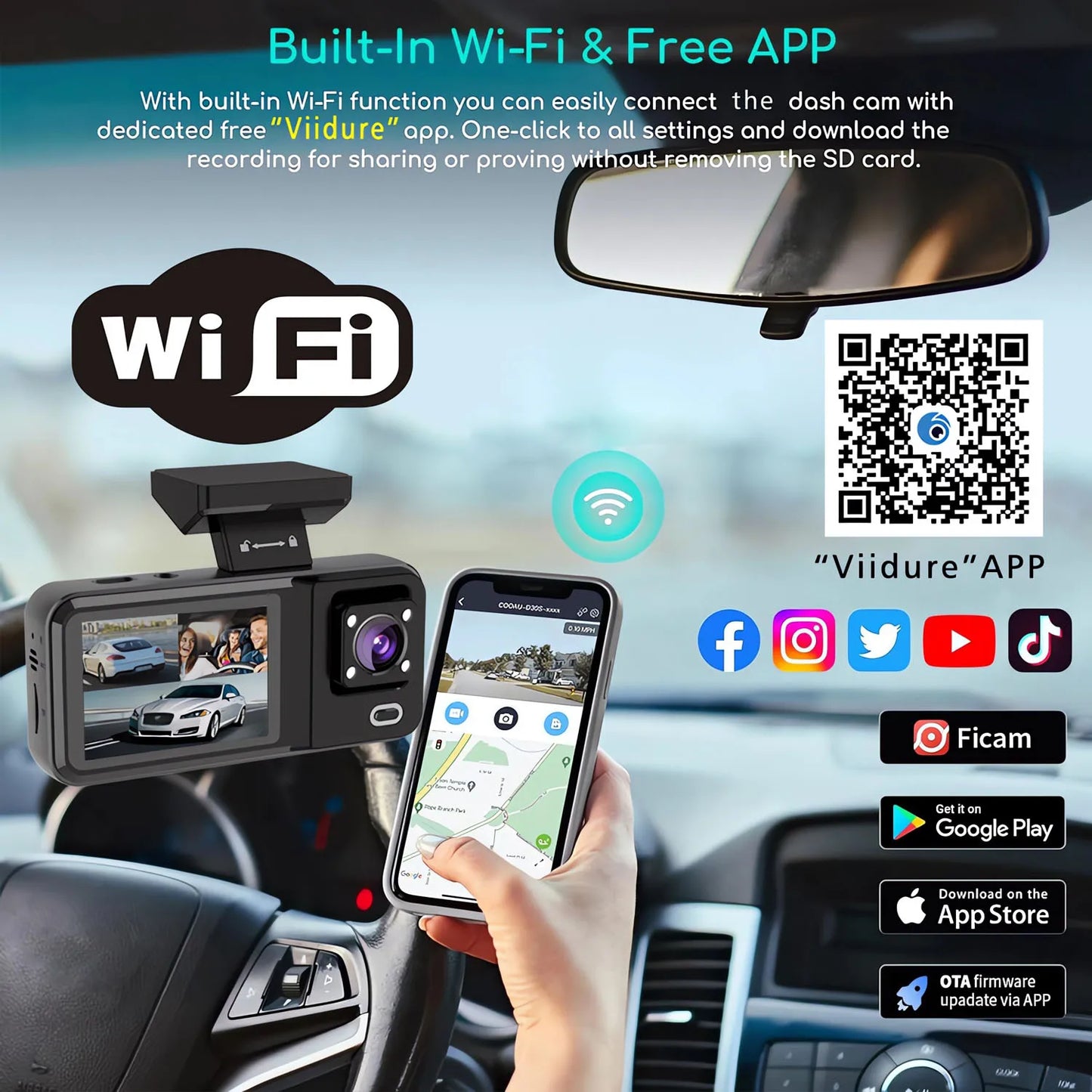 Dashcam 3 Canaux WiFi HD 1080P — Cabine Véhicule DVR Triple Voie Enregistreur