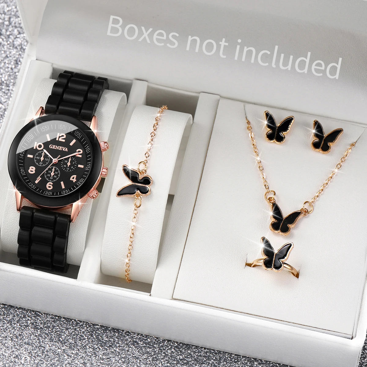 5-6 Pieces Quartz Watch Set for Women with Silicone Strap, Fashionable Clock, Gift for Girls, No Box