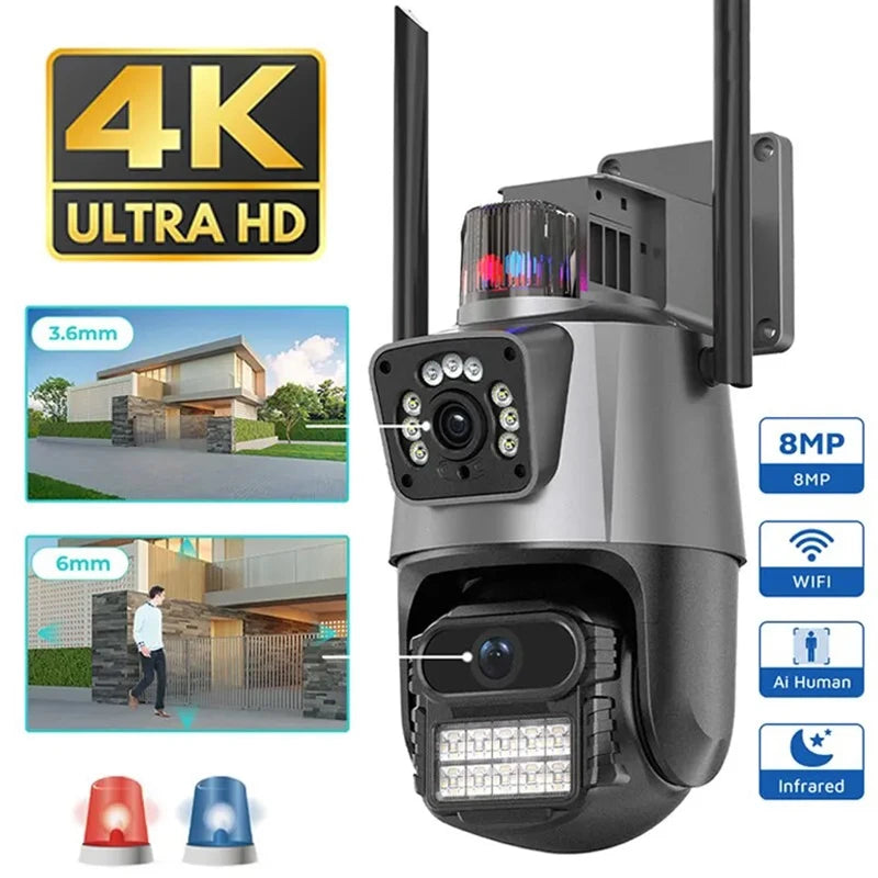 Outdoor WiFi PTZ Camera 4K 8MP HD Dual Lens Dual Screen AI Camera Auto Tracking 4MP Video Surveillance Police Light Alarm iCSee