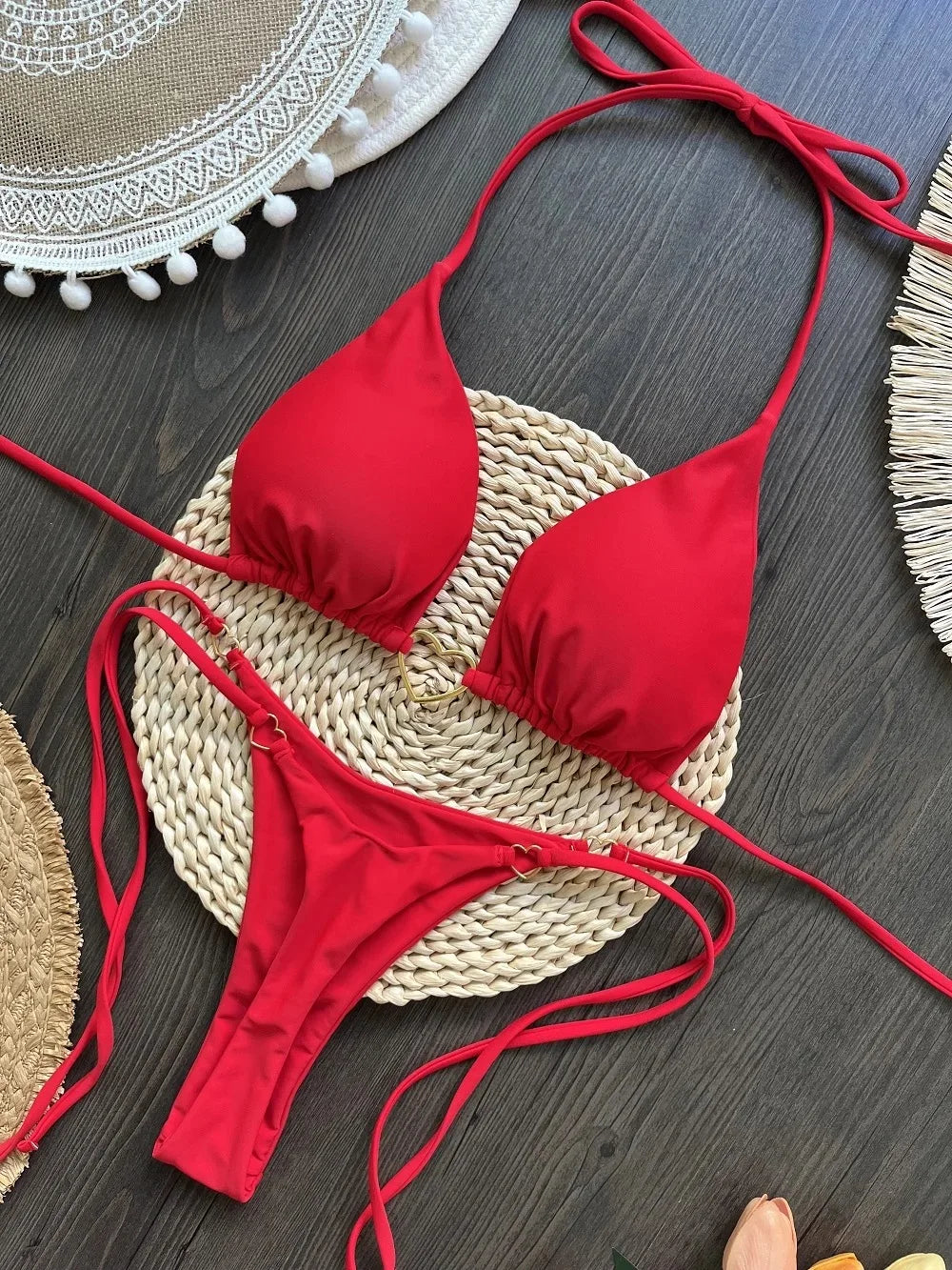 Ensemble bikini sexy dos nu couleur unie taille basse pour femme, maillot de bain deux pièces triangle string brésilien