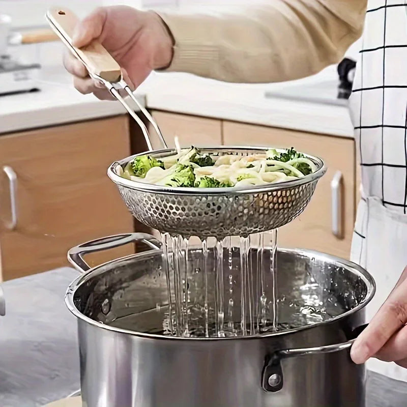 Passoire en acier inoxydable avec manche en bois, écumoire à mailles fines, cuillère pour la cuisson, préparation des aliments, filtrage de graisse pour pâtes et nouilles