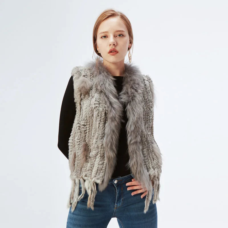 Gilet à glands en véritable fourrure de lapin tricoté — vintage, garniture fourrure raton laveur