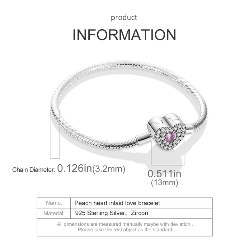 Fashion S925 Silver Plated Peach Heart Love Sparkling Zircon Bracelet for Women DIY Fit Charms Fine Beads DIY Birthday Jewelry