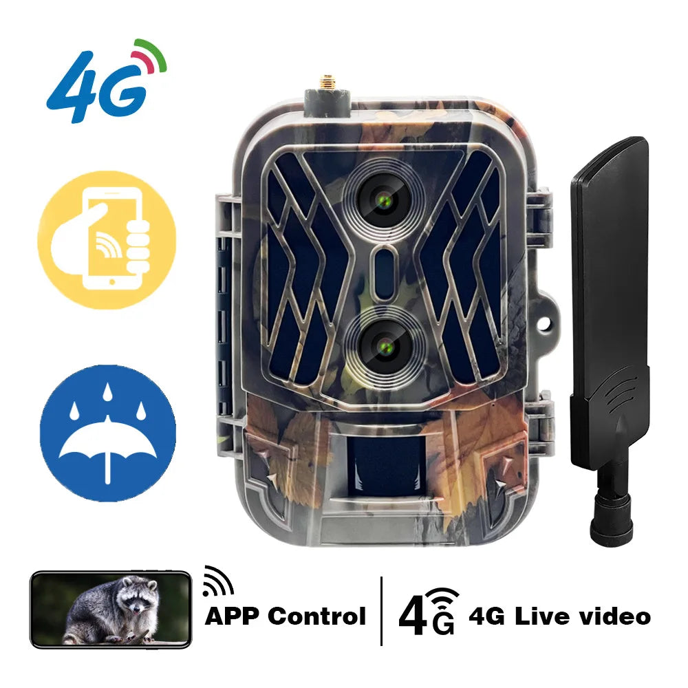 Caméra de suivi 4K 4G avec contrôle par application, service cloud, batterie 8000 mAh, double objectif, caméra de chasse pour la surveillance extérieure