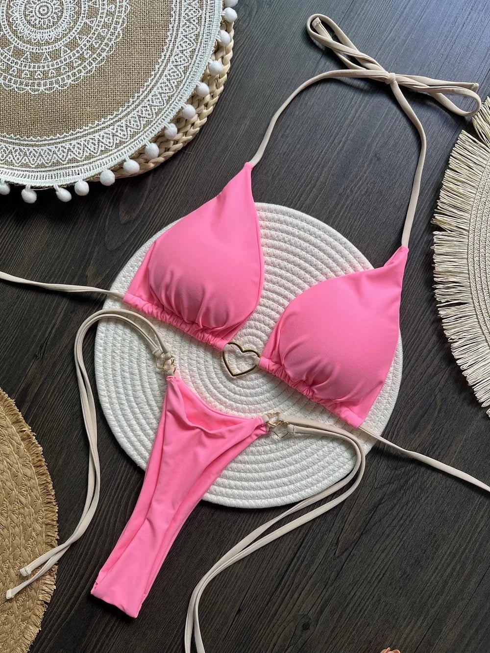 Ensemble bikini sexy dos nu couleur unie taille basse pour femme, maillot de bain deux pièces triangle string brésilien