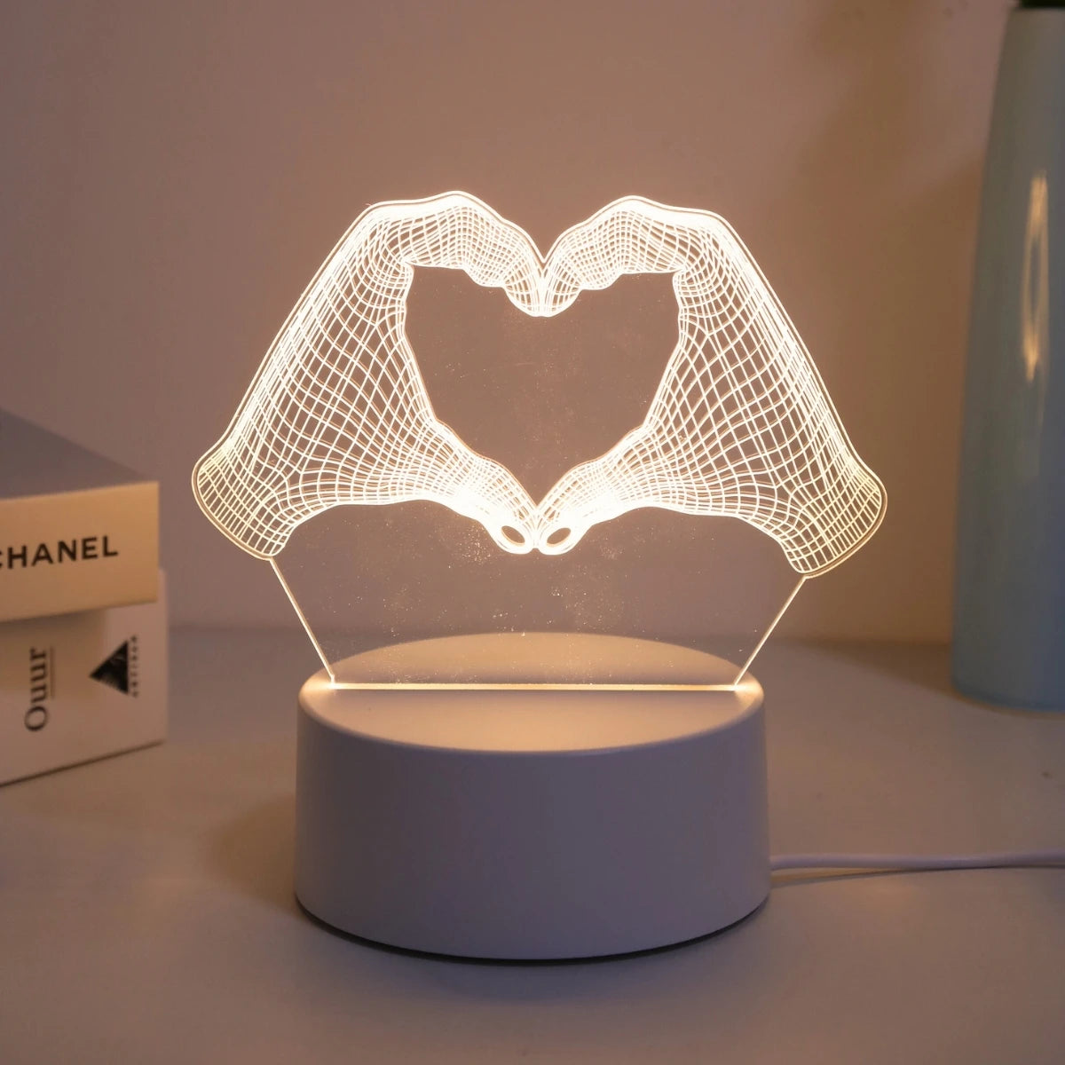 Veilleuse 3D en forme de cœur à deux mains, éclairage LED pour la maison, le bureau, la décoration de Noël, le paupières, la chambre, le cadeau d'anniversaire