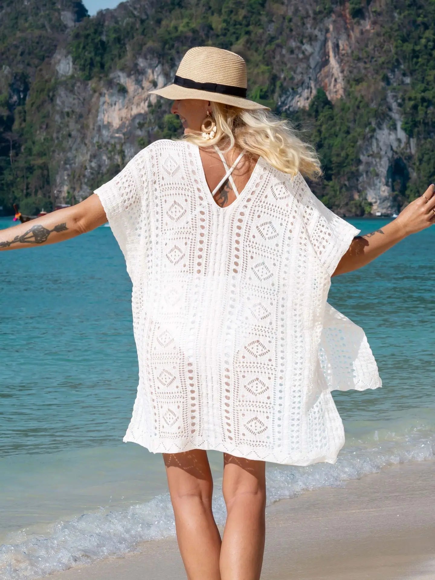 2025 Vestido de ganchillo blanco de punto para playa, túnica larga, pareos, cobertores de bikini, vestido de playa, ropa de playa