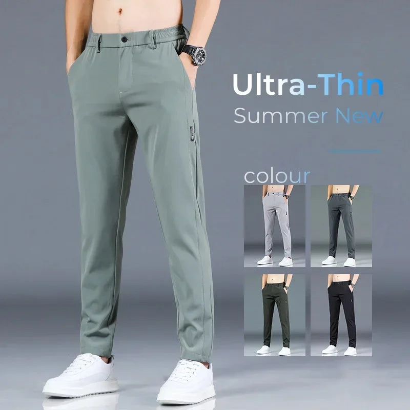 Pantalón fino de seda helada para hombre, elástico, informal, de cintura elástica, liso, ropa de marca, 5 colores, nueva colección de verano 2024