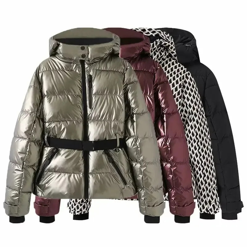 Abrigos y parkas deportivos acolchados con capucha para mujer, de cintura alta, con cinturón, elegantes, gruesos y cálidos, con bolsillos, chaquetas de esquí cortavientos, invierno