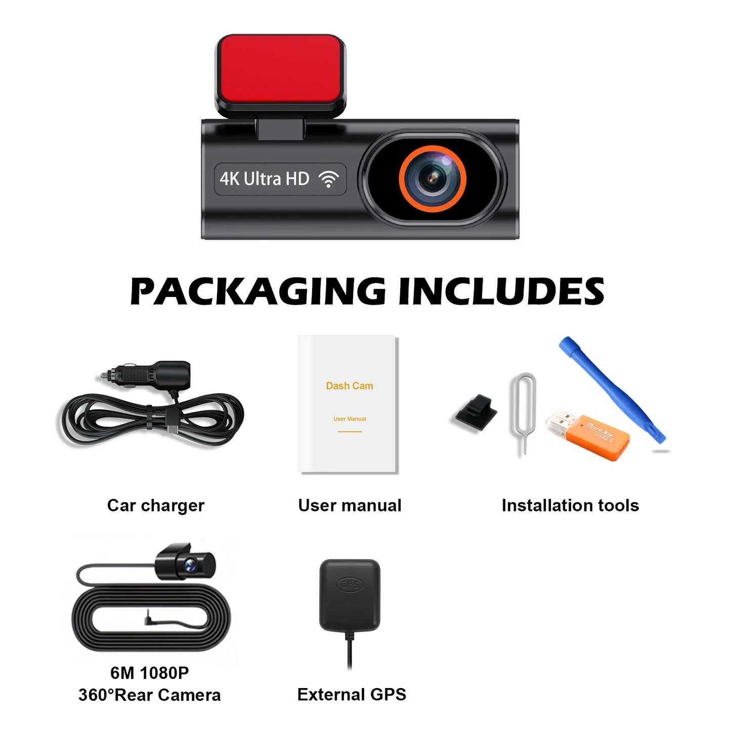 Ultra HD 4K Car Front Dash Cam, Mini WIFI DVR Black Box, with 24H Parking Monitor, Night Vision, Optional GPS/Rear View Camera